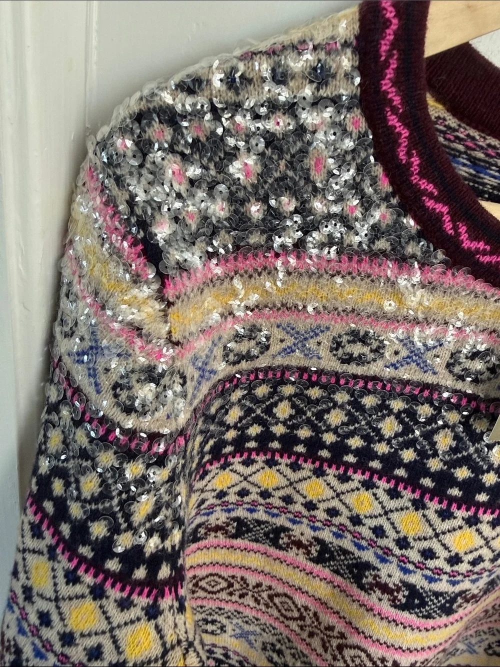 J. Crew Multicolor Fair Isle Crewneck Sweater in Navy, Pink, Cream & Burgundy